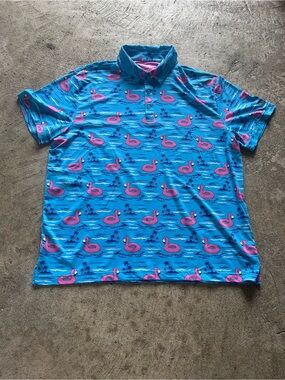 Birdie Bound Tropical Blue Polo with Pink Flamingo Float Print